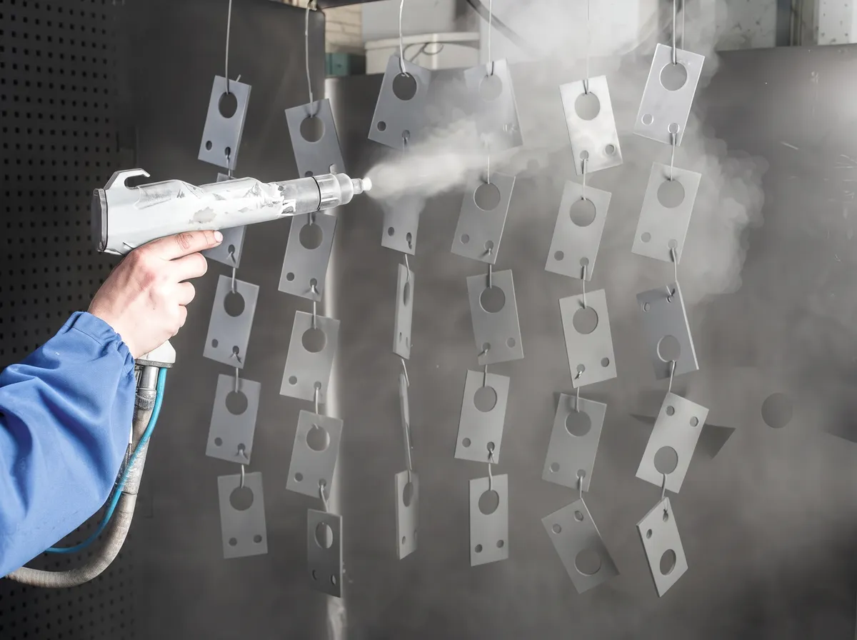 Pistola electrostática aplicando polvo sobre piezas colgadas